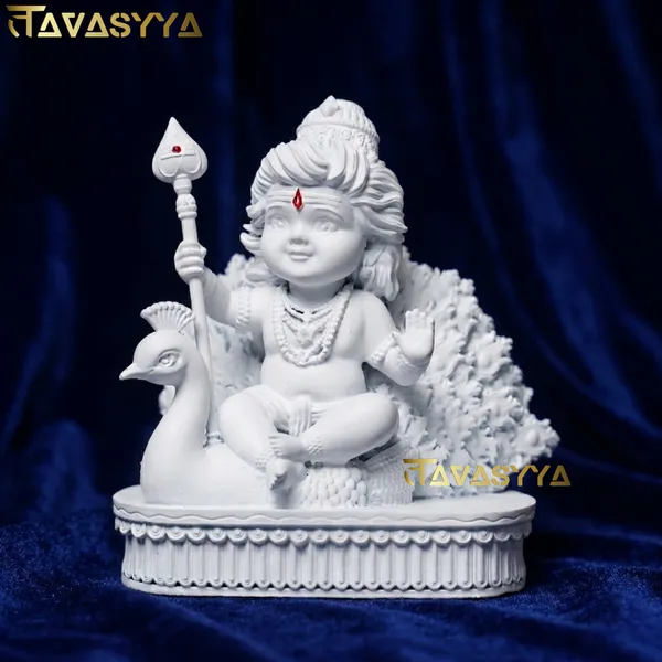 Tavasyya_Lord_Murugan_Idol_|_Bal_Kartikeya/Skanda/Subrahmanya_Swamy_Statue_with_Peacock_|_for_Mandir,_Car_Dashboard,_Home_Temple,_Office_Desk_&_Home_Decor_&_Spiritual_Gifting_(Matte_White)