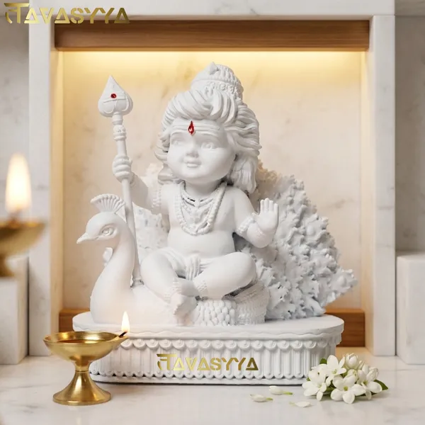 Tavasyya_Lord_Murugan_Idol_|_Bal_Kartikeya/Skanda/Subrahmanya_Swamy_Statue_with_Peacock_|_for_Mandir,_Car_Dashboard,_Home_Temple,_Office_Desk_&_Home_Decor_&_Spiritual_Gifting_(Matte_White)
