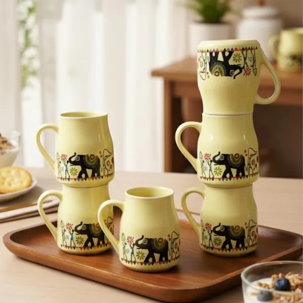 Set_of_6_Yellow_Handmade_Ceramic_Elephant_Print_Yellow_Cups