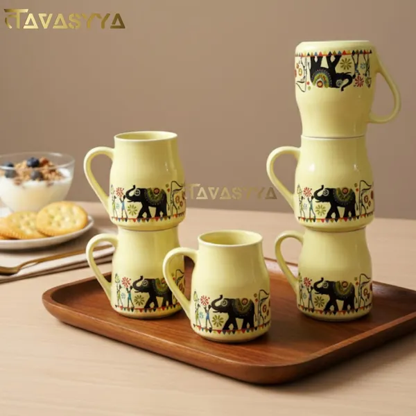 Set_of_6_Yellow_Handmade_Ceramic_Elephant_Print_Yellow_Cups