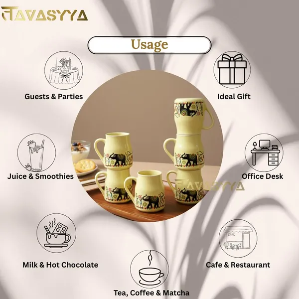 Set_of_6_Yellow_Handmade_Ceramic_Elephant_Print_Yellow_Cups