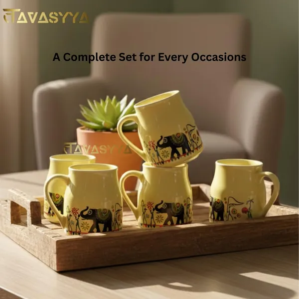 Set_of_6_Yellow_Handmade_Ceramic_Elephant_Print_Yellow_Cups