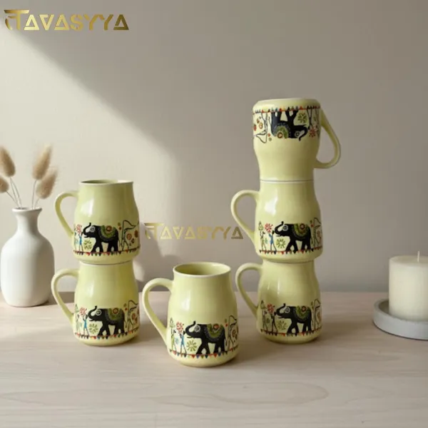 Set_of_6_Yellow_Handmade_Ceramic_Elephant_Print_Yellow_Cups