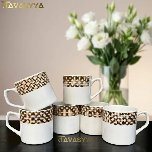 Tavasyya_Ceramic_Tea,_Coffee_Mugs,_Set_of_6_Cups,_Premium_White_Tea_Cups_with_Golden_Geometric_Pattern,_Elegant_Tea,_Coffee_&_Milk_Mugs_for_Home,_Office,_Kitchen_&_Gifting,_Microwave_&_Dishwasher_Safe