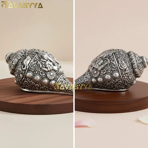 Tavasyya_Silver_Finish_Ganesh_Shankh,_Vastu_&_Feng_Shui_Decorative_Conch_for_Home_Temple,_Pooja_Room,_Office_&_Meditation,_Brings_Wealth,_Prosperity_&_Positivity,_Handcrafted_Spiritual_Gift_(Medium)
