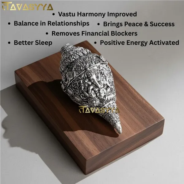 Tavasyya_Silver_Finish_Ganesh_Shankh,_Vastu_&_Feng_Shui_Decorative_Conch_for_Home_Temple,_Pooja_Room,_Office_&_Meditation,_Brings_Wealth,_Prosperity_&_Positivity,_Handcrafted_Spiritual_Gift_(Medium)