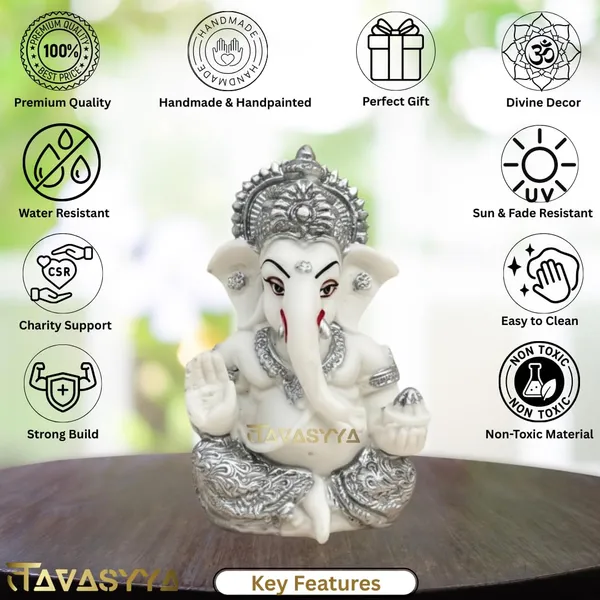 Tavasyya_Ganesha_Idol_for_Car_Dashboard,_Home_Temple_&_Office_Desk,_Small_Ganpati_Murti,_Gajanana_Idol_for_Pooja_Room,_Housewarming_Gift_&_Study_Table_Decor_3.5_Inch_Resin_(White_&_Silver_Plated)