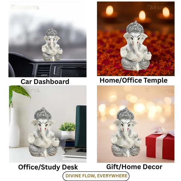 Tavasyya_Ganesha_Idol_for_Car_Dashboard,_Home_Temple_&_Office_Desk,_Small_Ganpati_Murti,_Gajanana_Idol_for_Pooja_Room,_Housewarming_Gift_&_Study_Table_Decor_3.5_Inch_Resin_(White_&_Silver_Plated)
