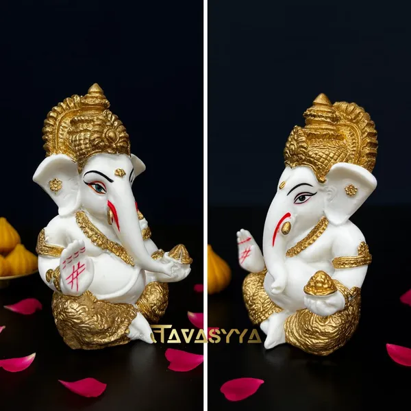 White_&_Gold_Plated_Ganesha_Idol_For_Car_Dashboard_Home_Temple_&_Office_Desk