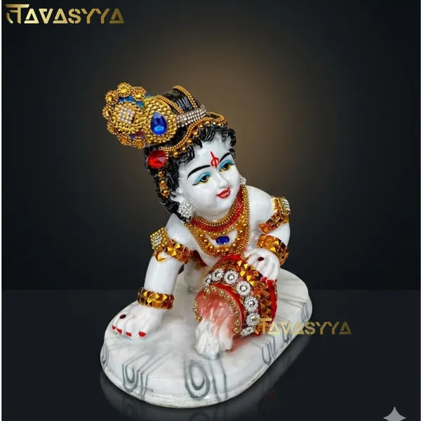 Tavasyya_Beautiful_Bal_Gopal_Krishna_Makhan_Chor_Idol_7.48_Inch,_Laddoo_Gopal_Murti_in_White_Marble_Finish_with_Jewelry_&_Stone_Work_|_Baby_Krishna_Statue_for_Home_Temple,_Janmashtami_&_Pooja_Decor