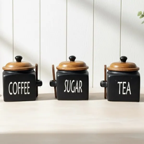 Set_Of_3_Black_Sugar_Tea_Coffee_Container_Airtight_Kitchen_Storage_Jars_With_Wooden_Lids_&_Spoons_500Ml_Each_For_Countertop_Pantry_&_Home_Decor