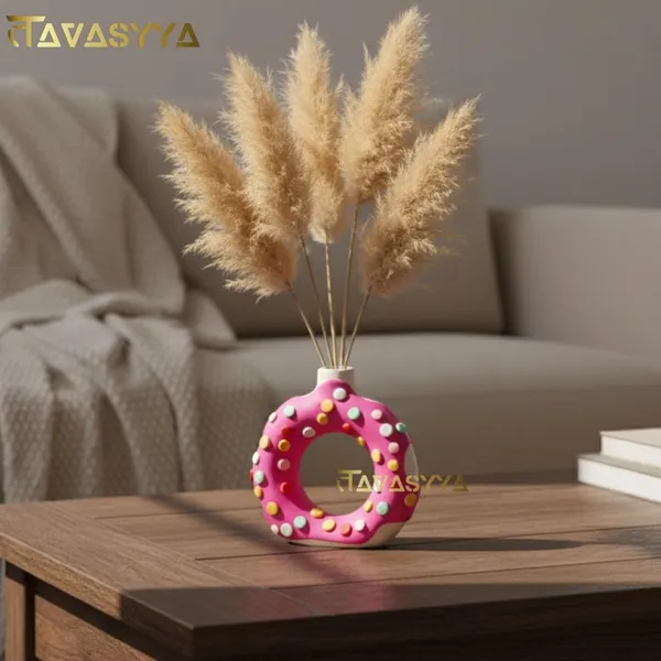 Pastel_Pink_Pink_Ceramic_Donut_Vase_6_Inch_Round_Flower_Vase_For_Pampas_Grass_Dried_Flowers_Home_And_Office_Decor