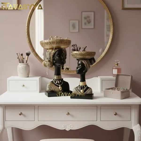 Set_of_2_Matte_Black_With_Antique_Gold_Accents_African_Tribal_Woman_Decorative_Statue_With_Bowls_Handcrafted_Resin_Bust_Figurines_For_Home_Decor
