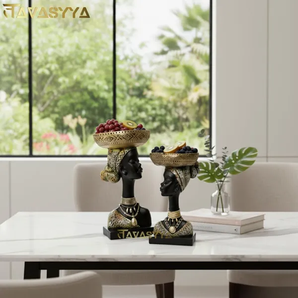 Set_of_2_Matte_Black_With_Antique_Gold_Accents_African_Tribal_Woman_Decorative_Statue_With_Bowls_Handcrafted_Resin_Bust_Figurines_For_Home_Decor