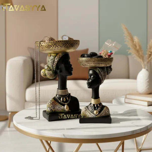 Set_of_2_Matte_Black_With_Antique_Gold_Accents_African_Tribal_Woman_Decorative_Statue_With_Bowls_Handcrafted_Resin_Bust_Figurines_For_Home_Decor