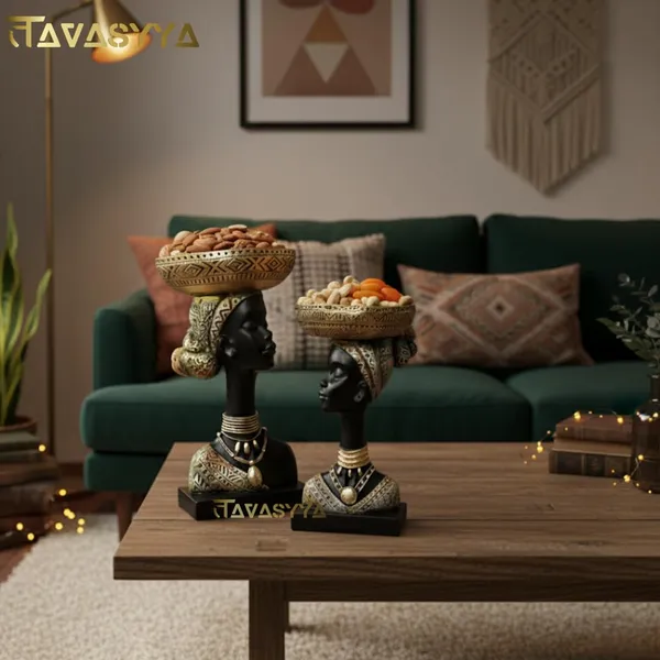 Set_of_2_Matte_Black_With_Antique_Gold_Accents_African_Tribal_Woman_Decorative_Statue_With_Bowls_Handcrafted_Resin_Bust_Figurines_For_Home_Decor