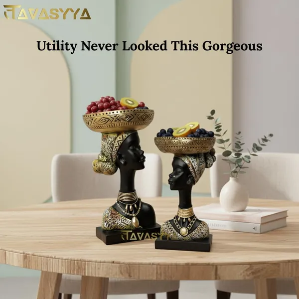 Set_of_2_Matte_Black_With_Antique_Gold_Accents_African_Tribal_Woman_Decorative_Statue_With_Bowls_Handcrafted_Resin_Bust_Figurines_For_Home_Decor
