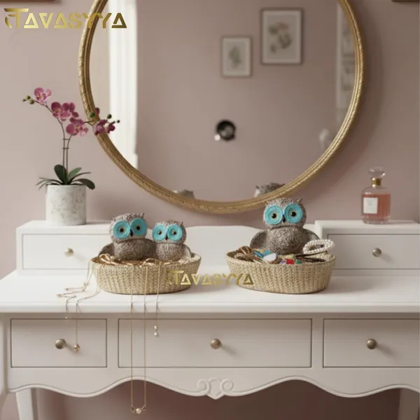 Set_of_2_Light_Brown_With_Turquoise_Blue_Owl_Basket_For_Home_And_Office_Decor