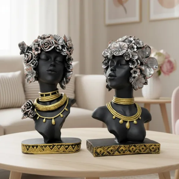 Set_Of_2_Charcoal_Black_With_Antique_Gold_&_Rose_Copper_African_Woman_Head_Statue_Showpieces_With_Floral_Crown_Charcoal_Black_Antique_Gold_&_Rose_Copper_Elegant_Afro_Lady_Figurines_For_Home_Office