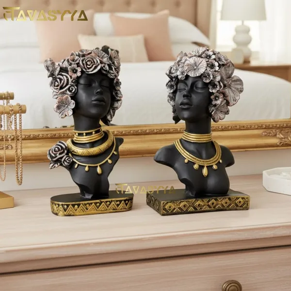 Set_Of_2_Charcoal_Black_With_Antique_Gold_&_Rose_Copper_African_Woman_Head_Statue_Showpieces_With_Floral_Crown_Charcoal_Black_Antique_Gold_&_Rose_Copper_Elegant_Afro_Lady_Figurines_For_Home_Office