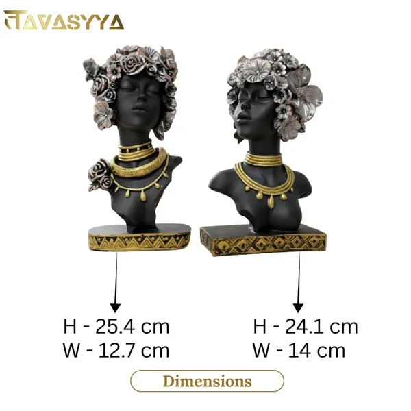 Set_Of_2_Charcoal_Black_With_Antique_Gold_&_Rose_Copper_African_Woman_Head_Statue_Showpieces_With_Floral_Crown_Charcoal_Black_Antique_Gold_&_Rose_Copper_Elegant_Afro_Lady_Figurines_For_Home_Office