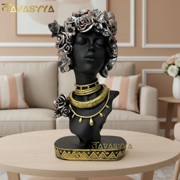Set_Of_2_Charcoal_Black_With_Antique_Gold_&_Rose_Copper_African_Woman_Head_Statue_Showpieces_With_Floral_Crown_Charcoal_Black_Antique_Gold_&_Rose_Copper_Elegant_Afro_Lady_Figurines_For_Home_Office