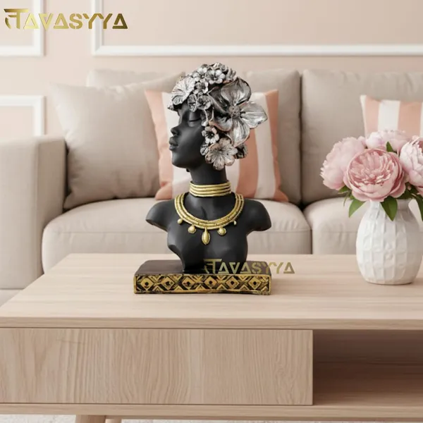 Set_Of_2_Charcoal_Black_With_Antique_Gold_&_Rose_Copper_African_Woman_Head_Statue_Showpieces_With_Floral_Crown_Charcoal_Black_Antique_Gold_&_Rose_Copper_Elegant_Afro_Lady_Figurines_For_Home_Office