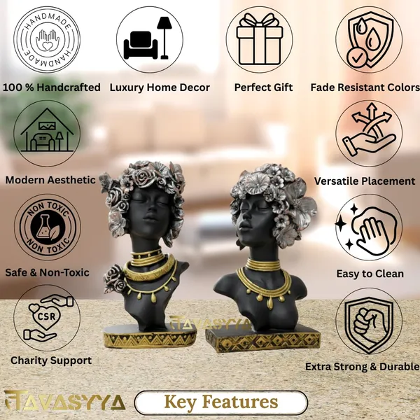 Set_Of_2_Charcoal_Black_With_Antique_Gold_&_Rose_Copper_African_Woman_Head_Statue_Showpieces_With_Floral_Crown_Charcoal_Black_Antique_Gold_&_Rose_Copper_Elegant_Afro_Lady_Figurines_For_Home_Office
