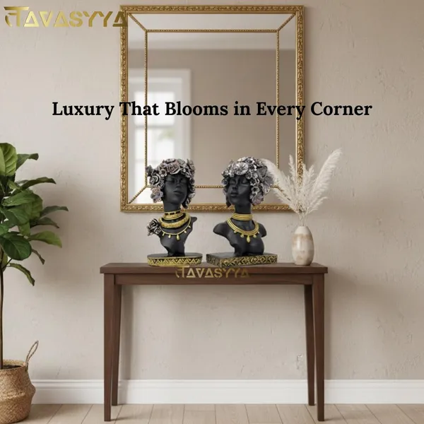 Set_Of_2_Charcoal_Black_With_Antique_Gold_&_Rose_Copper_African_Woman_Head_Statue_Showpieces_With_Floral_Crown_Charcoal_Black_Antique_Gold_&_Rose_Copper_Elegant_Afro_Lady_Figurines_For_Home_Office