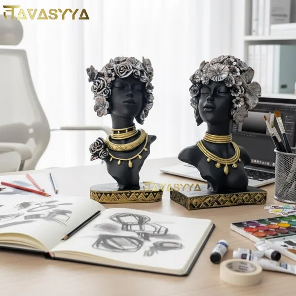 Set_Of_2_Charcoal_Black_With_Antique_Gold_&_Rose_Copper_African_Woman_Head_Statue_Showpieces_With_Floral_Crown_Charcoal_Black_Antique_Gold_&_Rose_Copper_Elegant_Afro_Lady_Figurines_For_Home_Office