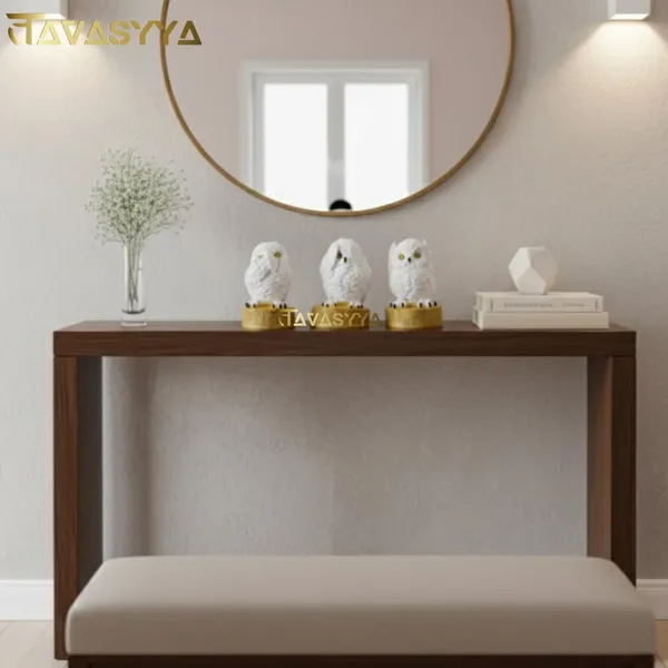 Frosted_White_With_Mustard_Gold_Owl_Statue_Trio_Set_For_Home_&_Office_Decor