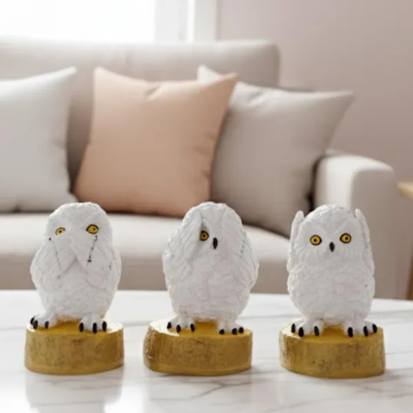 Frosted_White_With_Mustard_Gold_Owl_Statue_Trio_Set_For_Home_&_Office_Decor