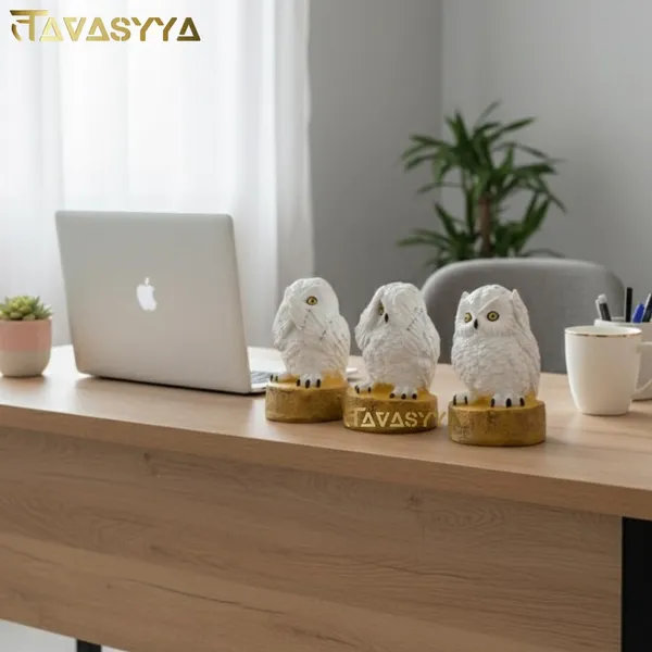 Frosted_White_With_Mustard_Gold_Owl_Statue_Trio_Set_For_Home_&_Office_Decor