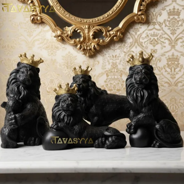 Set_Of_4_Matte_Black_With_Royal_Gold_Royal_Crown_Lion_Statues