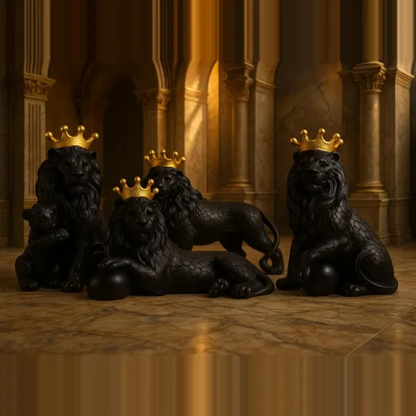 Set_Of_4_Matte_Black_With_Royal_Gold_Royal_Crown_Lion_Statues