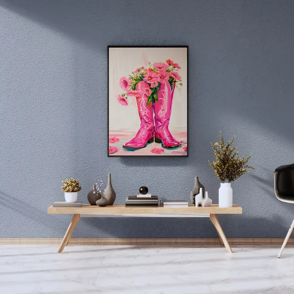 Pink_Boots_with_Flowers_Canvas_Wall_Art_Painting_With_Black_Frame_For_Home_Decor_Living_Room_Wall_Decoration