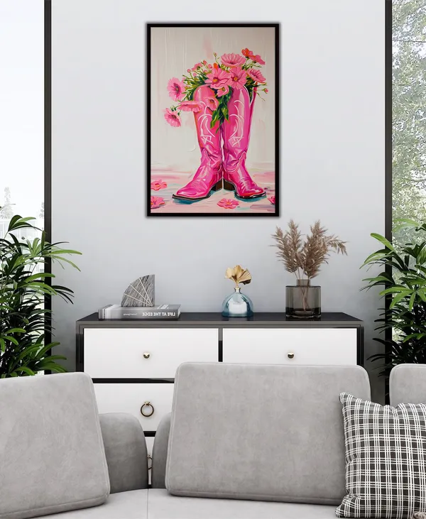 Pink_Boots_with_Flowers_Canvas_Wall_Art_Painting_With_Black_Frame_For_Home_Decor_Living_Room_Wall_Decoration