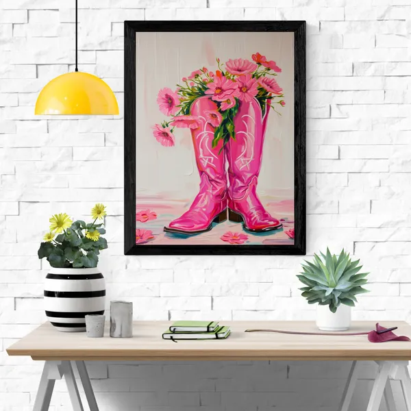 Pink_Boots_with_Flowers_Canvas_Wall_Art_Painting_With_Black_Frame_For_Home_Decor_Living_Room_Wall_Decoration