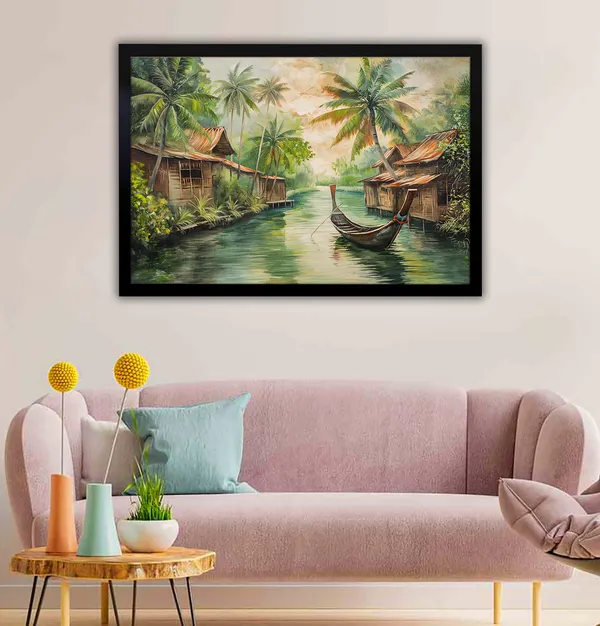 Tropical_Tranquility_–_Riverside_Village_Wall_Art_With_black_Frame_Painting_For_Home_Decor_Living_Room_Wall_Decoration