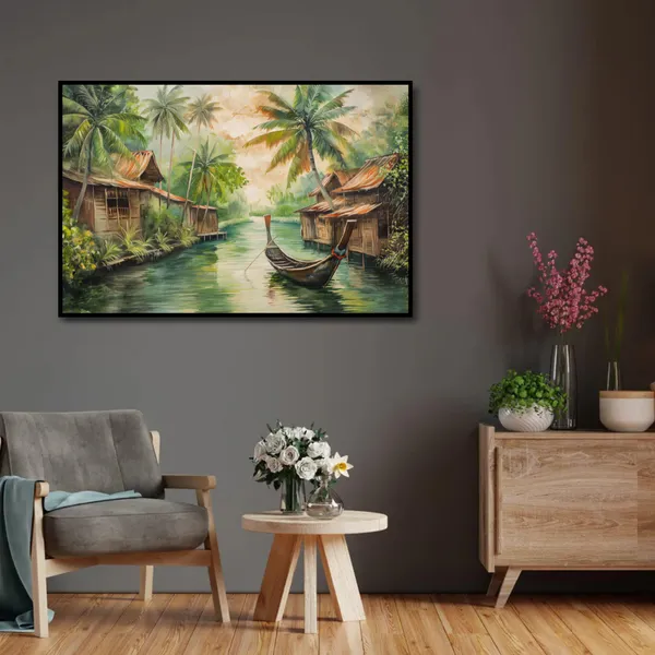 Tropical_Tranquility_–_Riverside_Village_Wall_Art_With_black_Frame_Painting_For_Home_Decor_Living_Room_Wall_Decoration