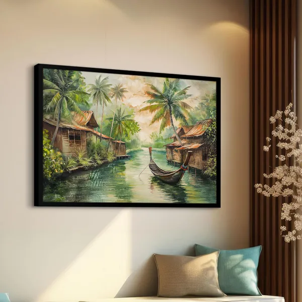 Tropical_Tranquility_–_Riverside_Village_Wall_Art_With_black_Frame_Painting_For_Home_Decor_Living_Room_Wall_Decoration