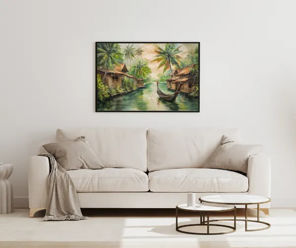 Tropical_Tranquility_–_Riverside_Village_Wall_Art_With_black_Frame_Painting_For_Home_Decor_Living_Room_Wall_Decoration