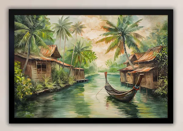 Tropical_Tranquility_–_Riverside_Village_Wall_Art_With_black_Frame_Painting_For_Home_Decor_Living_Room_Wall_Decoration
