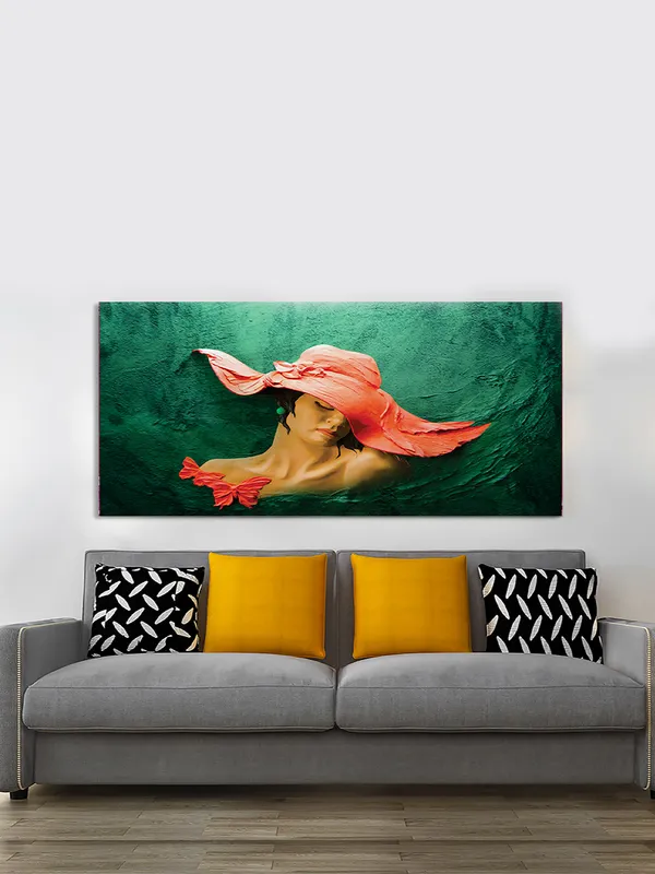 Silent_Elegance_-_Woman_in_Crimson_Hat_Canvas_Painting_Fitted_with_wooden_Frame