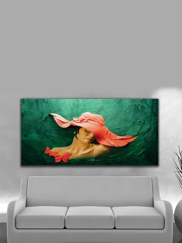 Silent_Elegance_-_Woman_in_Crimson_Hat_Canvas_Painting_Fitted_with_wooden_Frame