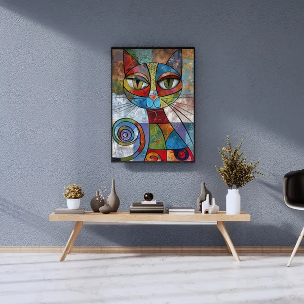 Whimsical_Cat_Abstract_�_Modern_Art_Painting_With_Black_Frame_For_Home_Decor_Living_Room_Wall_Decoration