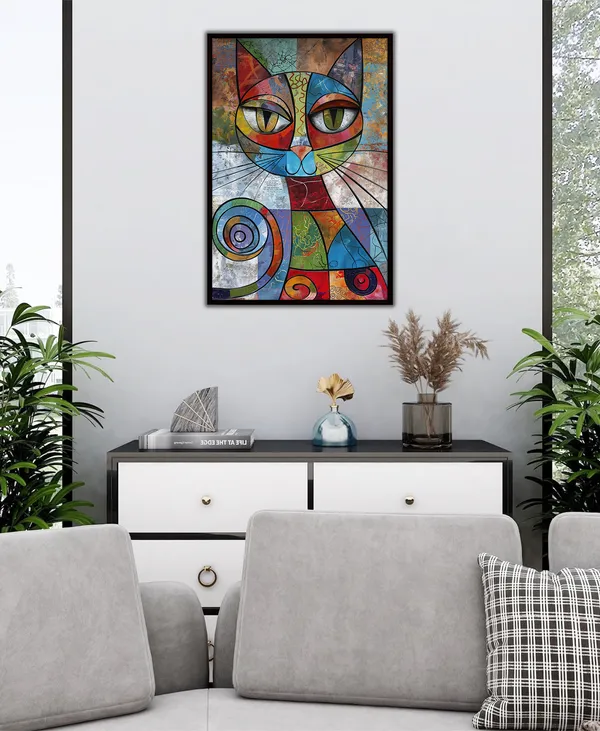 Whimsical_Cat_Abstract_�_Modern_Art_Painting_With_Black_Frame_For_Home_Decor_Living_Room_Wall_Decoration