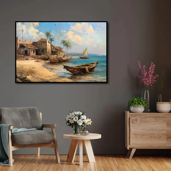 Seaside_Stillness_–_Rustic_Fishing_Village_Wall_Art__With_black_Frame_Painting_For_Home_Decor_Living_Room_Wall_Decoration