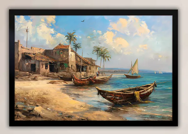 Seaside_Stillness_–_Rustic_Fishing_Village_Wall_Art__With_black_Frame_Painting_For_Home_Decor_Living_Room_Wall_Decoration