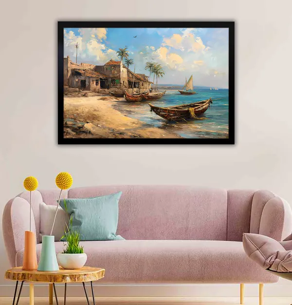 Seaside_Stillness_–_Rustic_Fishing_Village_Wall_Art__With_black_Frame_Painting_For_Home_Decor_Living_Room_Wall_Decoration